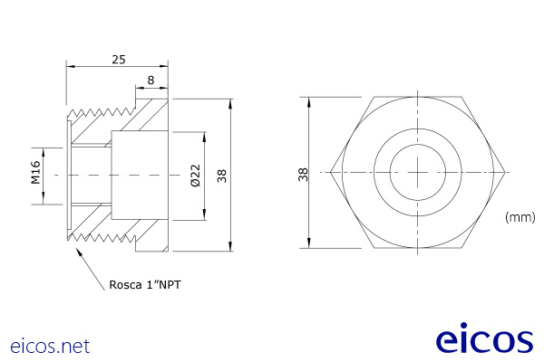 Dimensiones de Conexión 1"NPT de aluminio para montaje de Sensores de Nivel