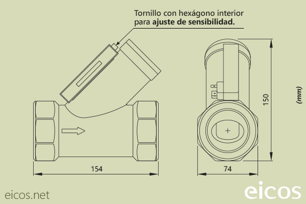 Dimensiones del sensor de flujo Eicos FG20B04